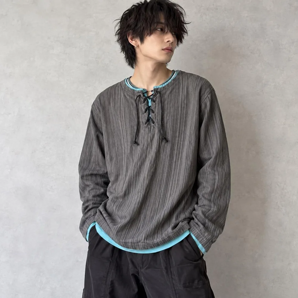 archive striped henry lace-up お兄系 Y2K
