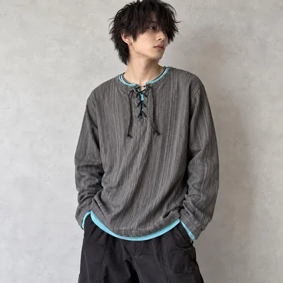 archive striped henry lace-up お兄系 Y2K