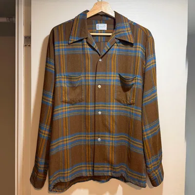 60s TOWNCRAFT レーヨンシャツ M 好配色 ブラウン×ブルー