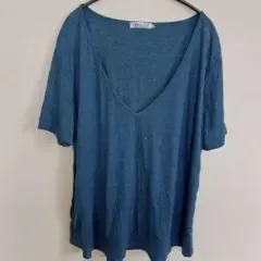 トップスタイプ 無地 カットソー Vネック 半袖 裾ストレート XXL 青