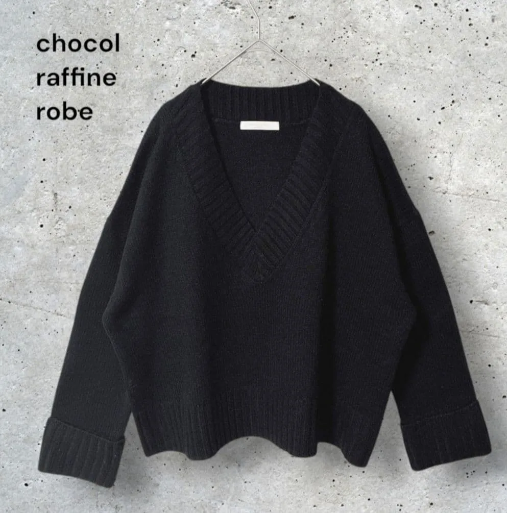 Chocolat Fine Robe เสื้อสเวตเตอร์ถักแขนยาว V คอผู้ใหญ่สบายๆเรียบง่าย