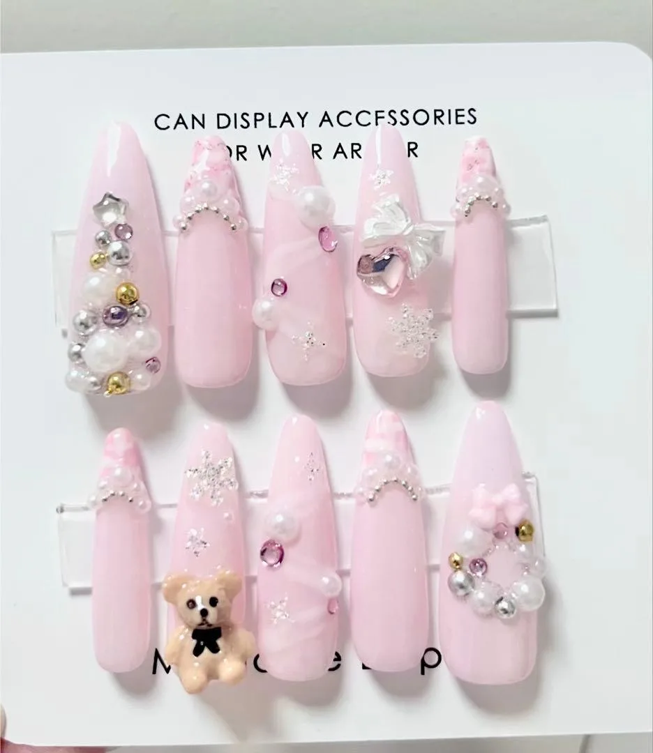 【現品】No.013 ピンク くまネイル リボン ネイルチップ クリスマスネイル