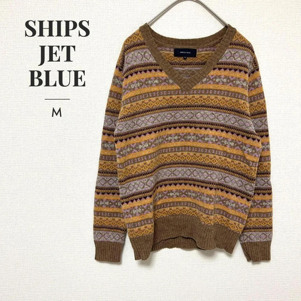 SHIPS シップスジェットブルー フェアアイル Vネック ニット 【M】