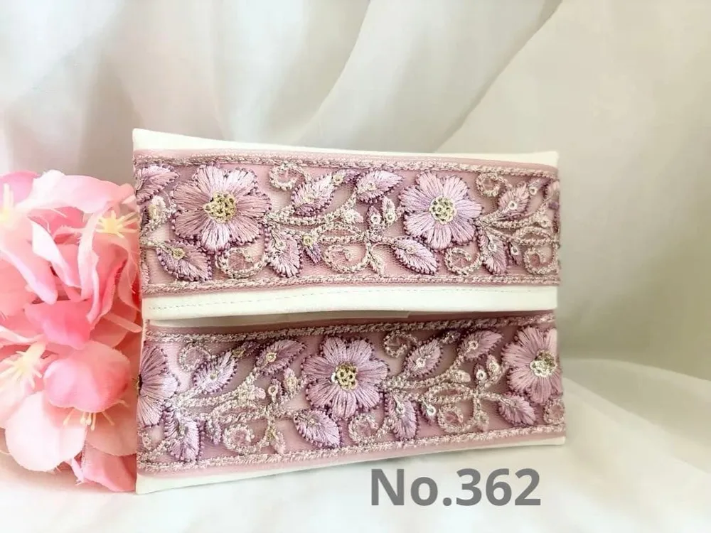 ポケットティッシュケース インド刺繍リボン 合皮 ホワイト 小花 No.362
