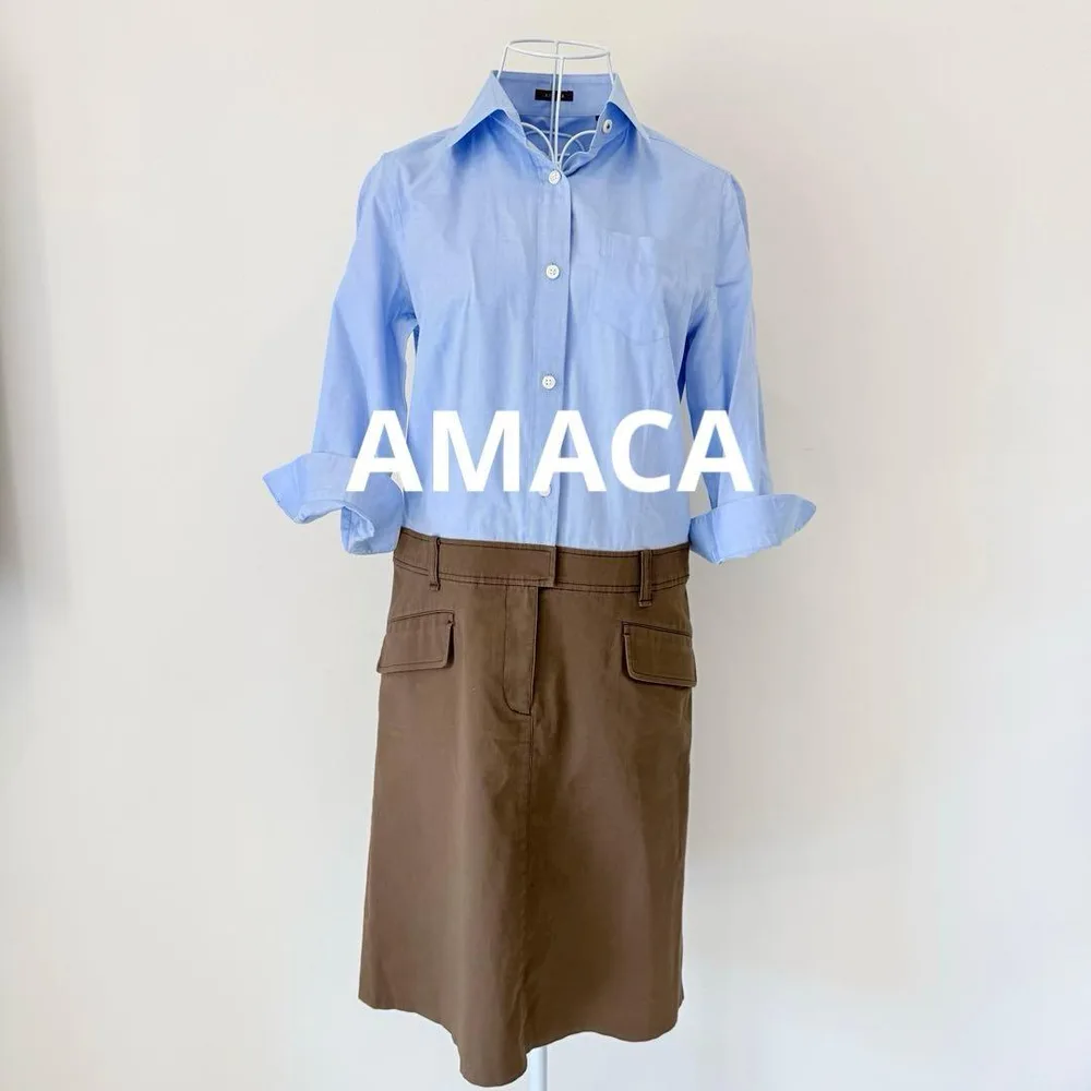 【美品】AMACAアマカ/ドッキングシャツワンピース リネン混 山陽商会 L
