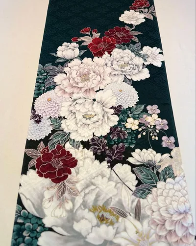 京友禅 はぎれ〈6718〉桜 牡丹 ダリア 緑地模様 着物Kyo yuzen