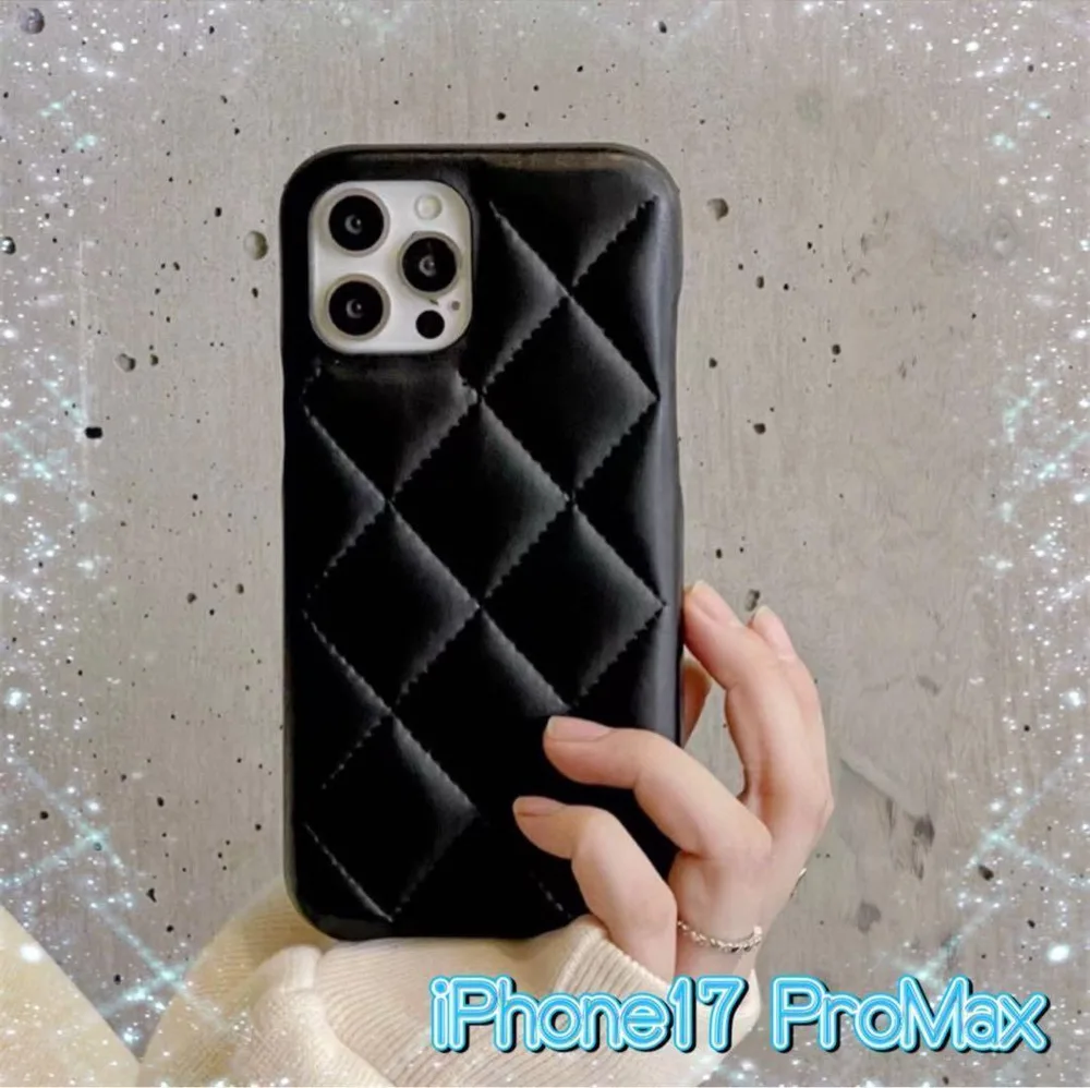 iPhone17 ケース ブラック キルト風 フェイクレザー 新品 人気 韓国