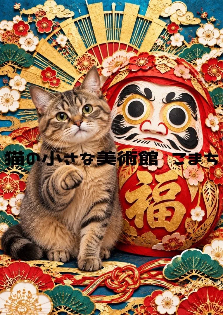 開運アート〈一枚限りの作品〉福だるまとキジトラ猫の招福絵図