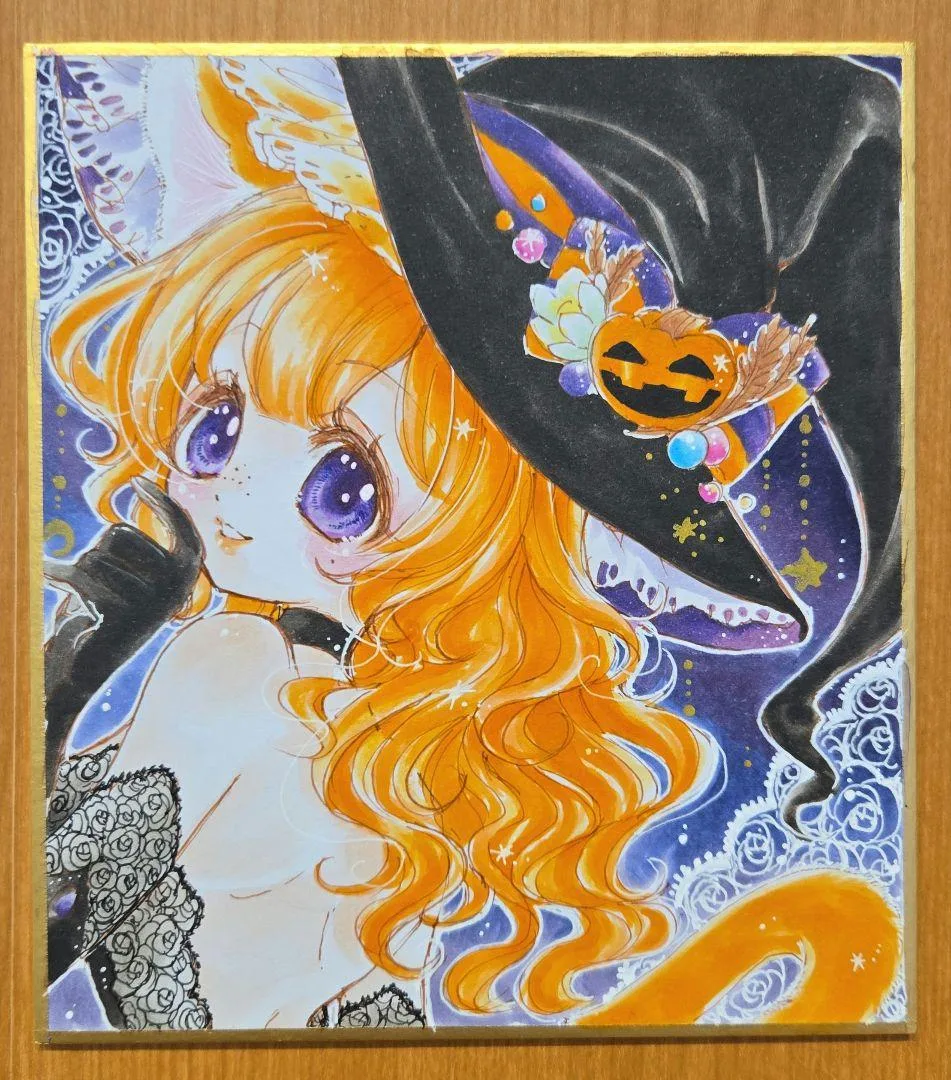 手描きイラスト ★オリジナル★ 魔女ネコさん「ハロウィンナイト」小色紙 アナログ