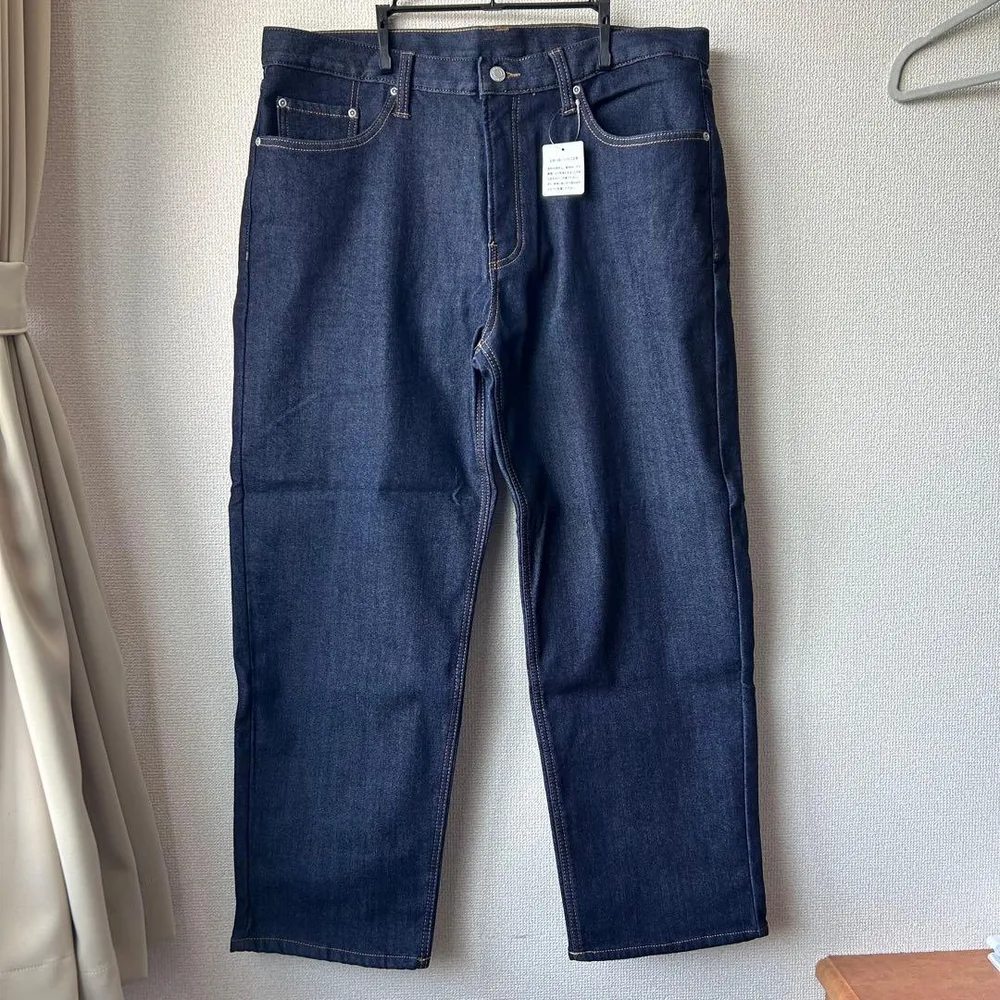 【新品】ダークブルー ストレートデニム 裏フリース ストレッチ ウエスト100
