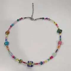ミリフィオリカラフルビーズネックレス フラワーモチーフ 38cm