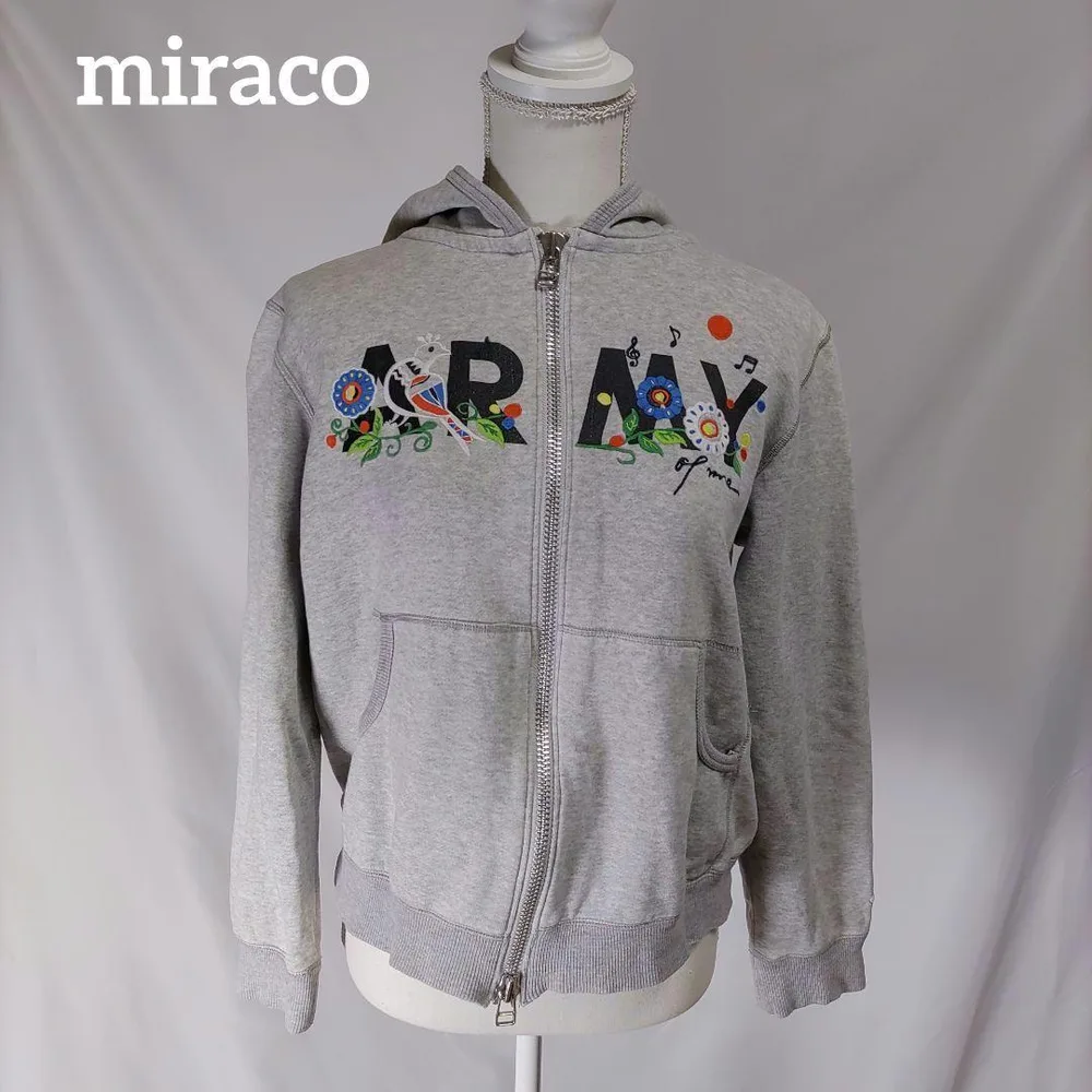 miraco ARMY 刺繍 ダブルジップパーカー M グレー 鳥 花 グレー