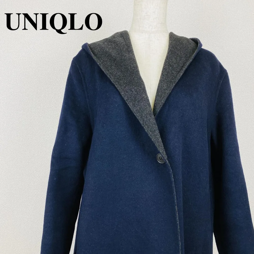 美品 UNIQLO コート カーディガン フード付き ネイビー L 0064-A