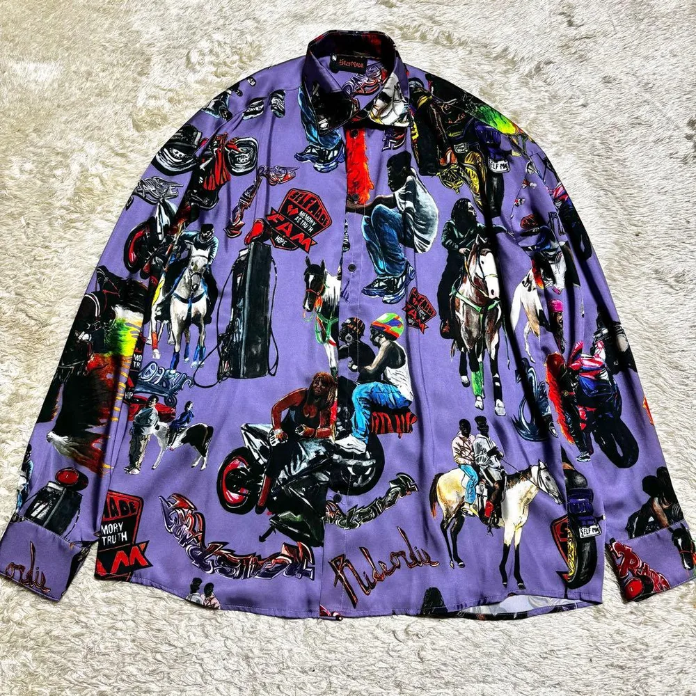 【美品】 SELF MADE 長袖シャツ 総柄 パープル XL相当 y2k