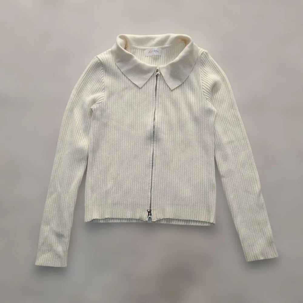 【Knit Mix】襟付き ダブルジップ リブニット トップス カーディガン M