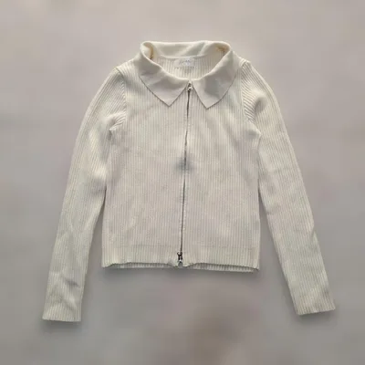 【Knit Mix】襟付き ダブルジップ リブニット トップス カーディガン M