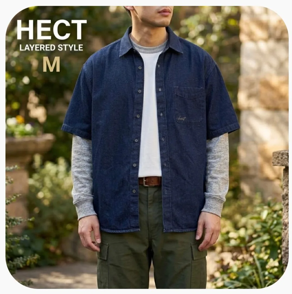 HECT ビッグシルエット 半袖デニムシャツ インディゴブルー M トレンド