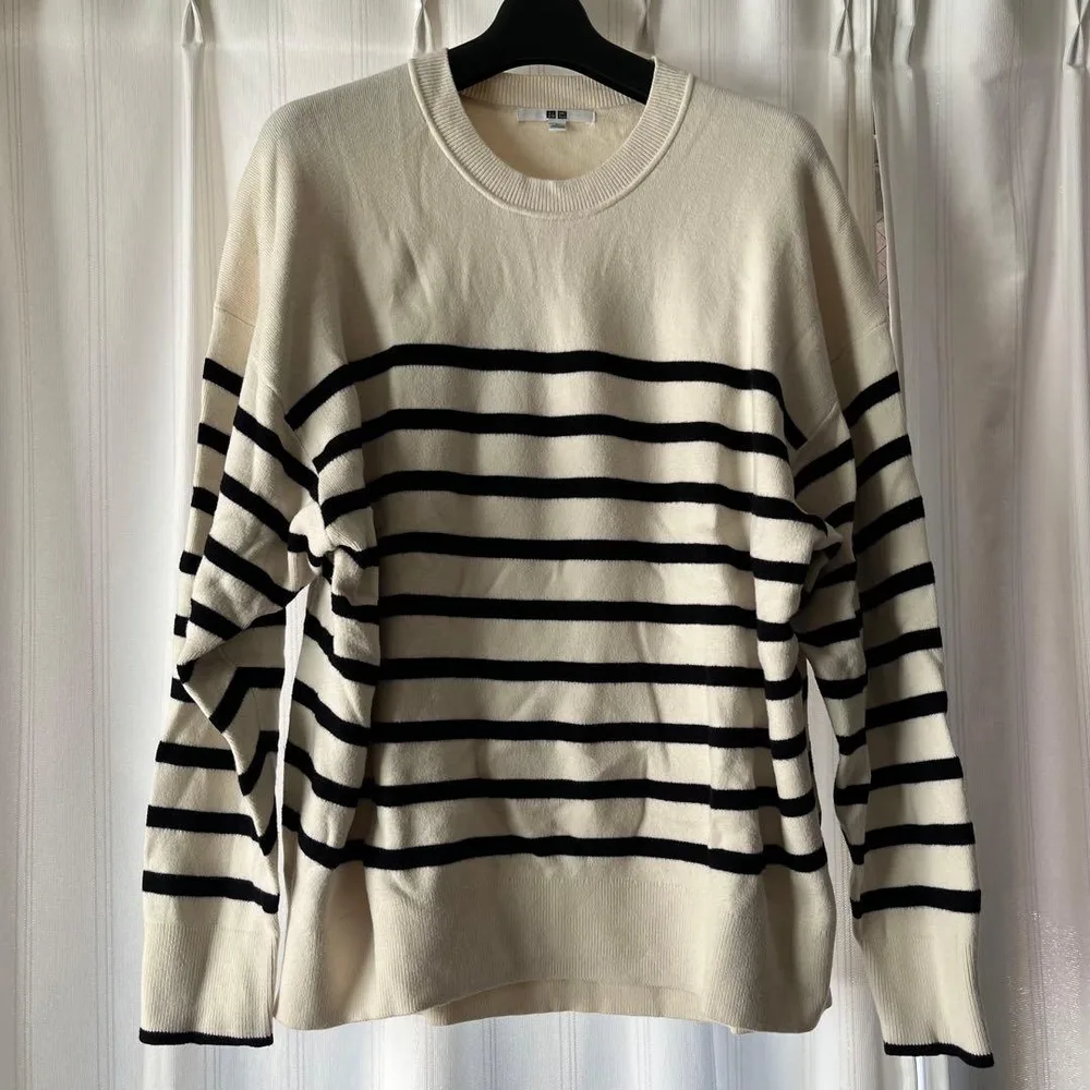 【美品】UNIQLO スムースコットンリラックスボーダークルーセーター