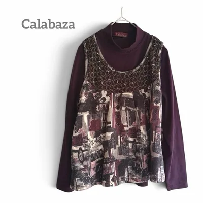 Calabaza 【M】長袖トップス 重ね着風 ハイネック 深紫 秋冬 化繊