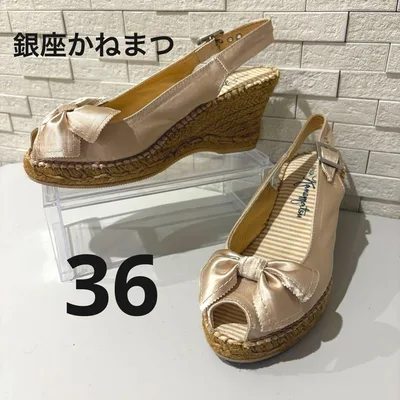 銀座かねまつ バックストラップ リボン エスパドリーユ サンダル シャンパン G