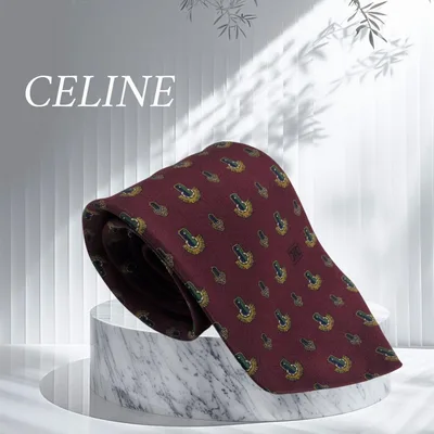CELINE セリーヌ ネクタイ ボルドー トリオンフ 総柄 高級シルク ワイン