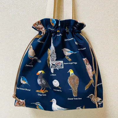 巾着 トートバッグ 鞄 野鳥 ネイビー