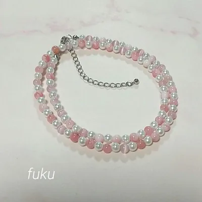 ピンクジェイド キャッツアイ チェコパール ビーズワイヤーネックレス 天然石