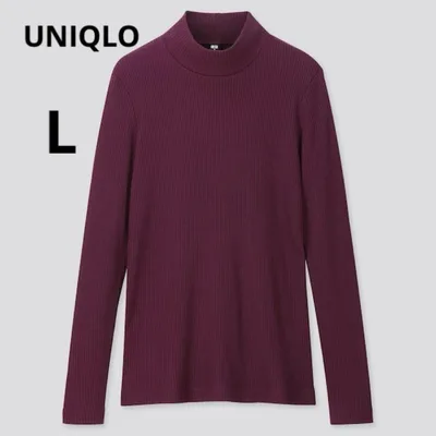 美品 UNIQLO L パープル ボルドー リブハイネックT 長袖カットソー