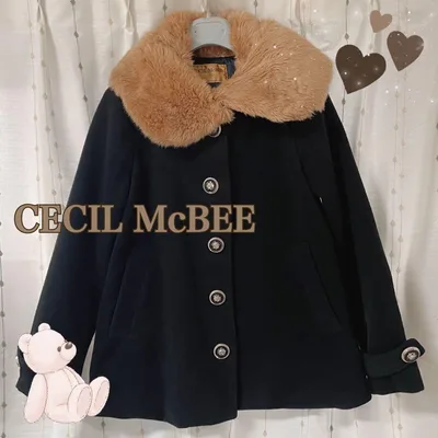 CECILMcBEE ブラックファー襟Aラインコートショート丈Y2K