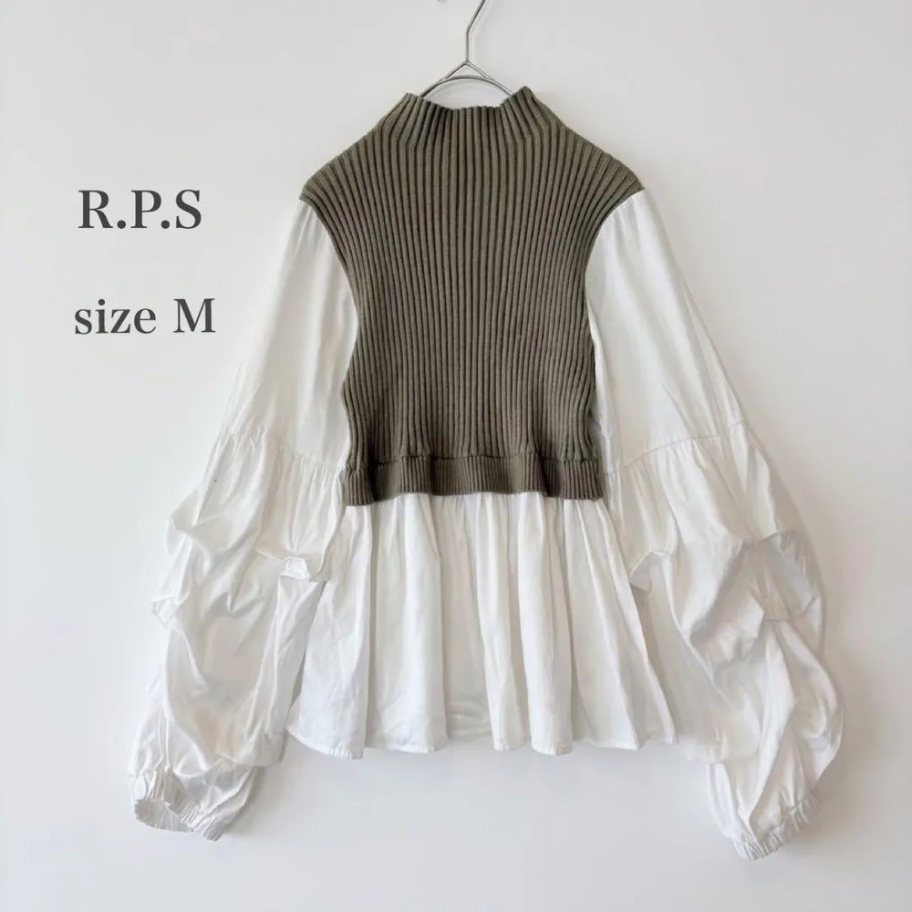 アールピーエス ニット シャツ 異素材トップス カーキ リブ レイヤード風 M