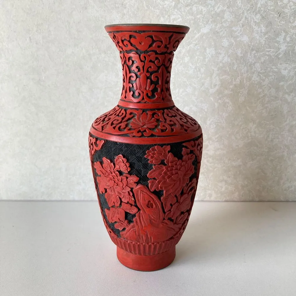 TS45 【中国美術】堆朱 花瓶 牡丹唐草文 内七宝 青七宝 漆細工 彫漆