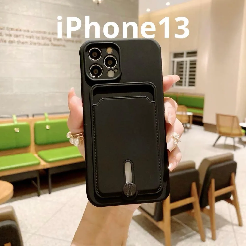 ใหม่✨เคสใส่บัตรซิลิโคนสำหรับ iPhone 13 เคสสมาร์ทโฟนสีดำ