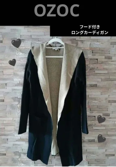 ozoc バイカラー フード付き ニットカーディガン