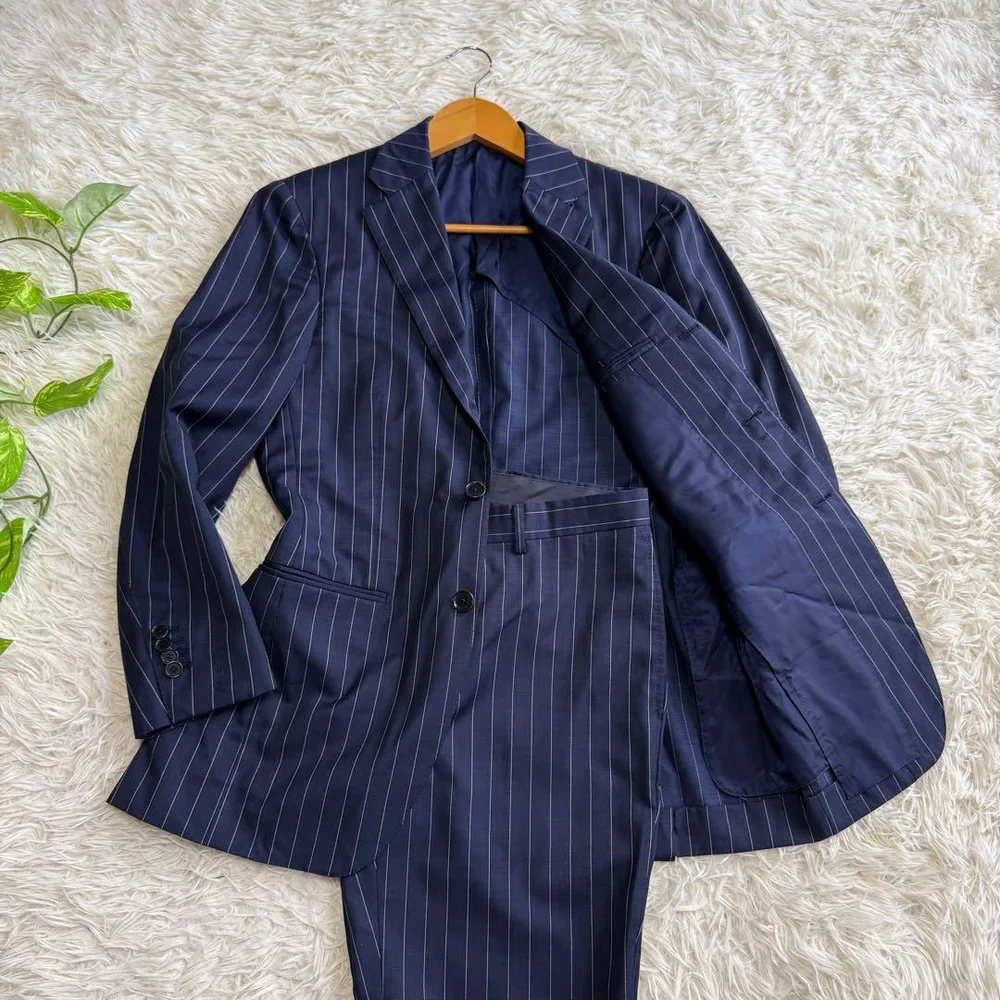 【ビームスF】美品 セットアップ スーツ ネイビー ストライプ S メンズ