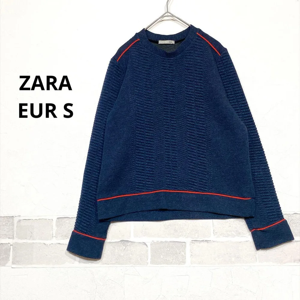 ZARA トレーナー ネイビー S 立体編み模様 配色ライン 長袖 L249