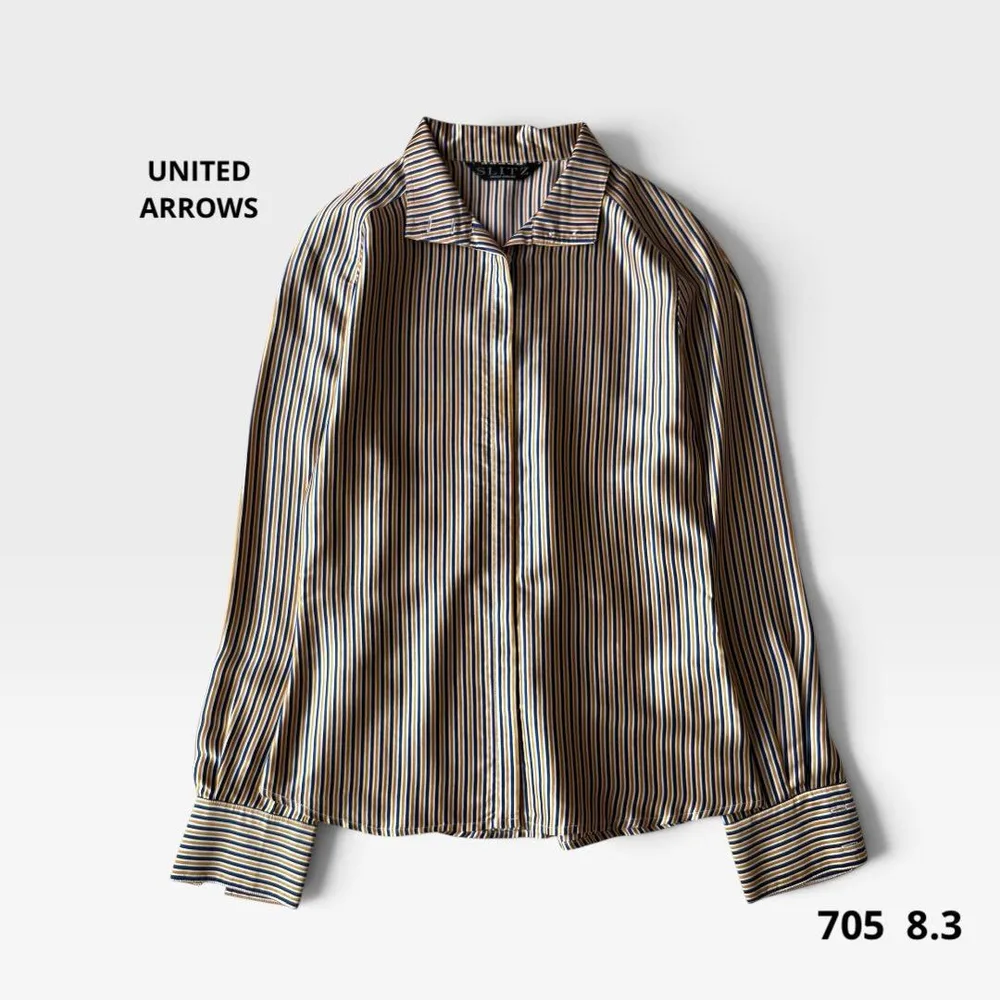 美品 ユナイテッドアローズ シルク100% シャツブラウス ストライプ ブラウン