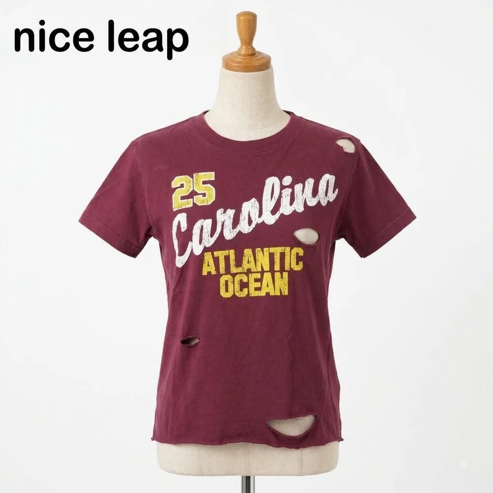 nice leap ダメージ加工Tシャツ Carolina バーガンディM~L