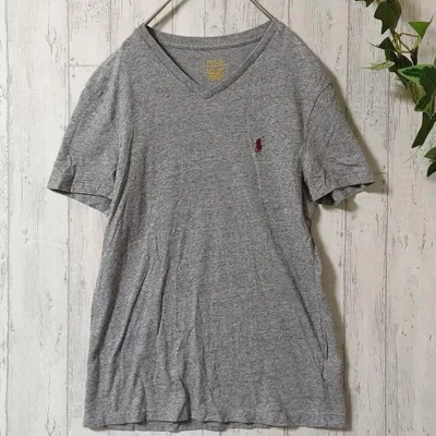 ポロラルフローレン Tシャツ S グレー 綿100% ロゴ刺繍 半袖 Vネック