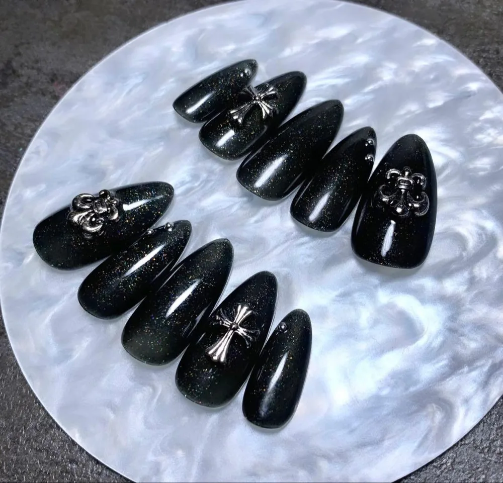 No.103 ネイルチップ クロス クロム ブラック ラメ シンプル かっこいい