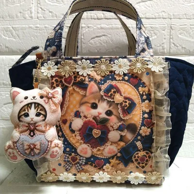 みけねこちゃん☆ころりんトートバッグ リボンハート&ハートキルト