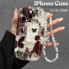 iPhone16Plus スマホケース ガーリー 蝶々 ソフトケース ボルドー