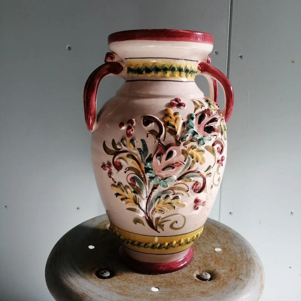 80年代 イタリア産 マヨリカ 手描き フラワーベース 花瓶 インテリア