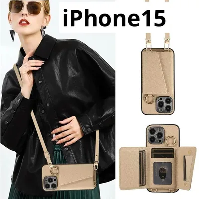 スマホケースiPhone15(カーキ)iPhoneケース肩掛けミラー付き5