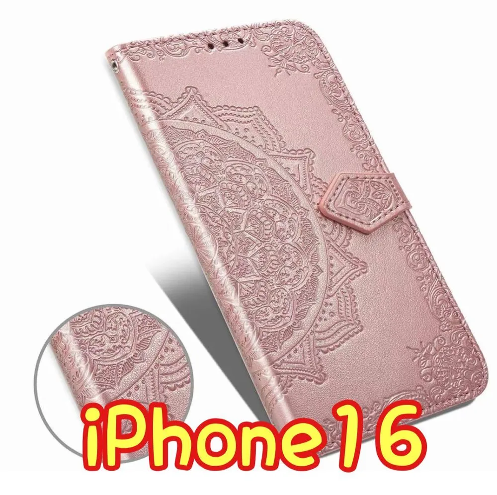 エンボス加工スマホケース 手帳型 iPhone16 ピンク ⑤