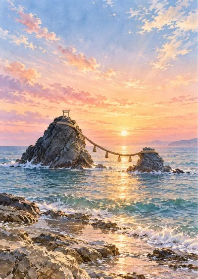 【イラスト】夫婦岩と朝日の絶景アートポスター