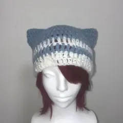 ハンドメイド かぎ針編み 猫耳ニット帽 ブルー系