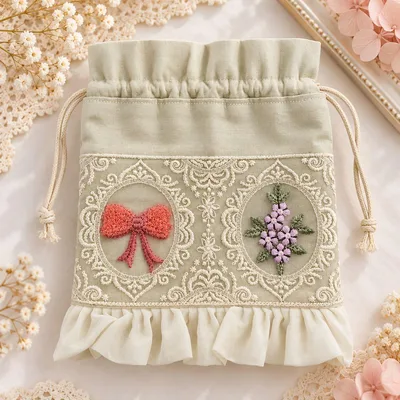 インド刺繍リボン 巾着ポーチNo.2