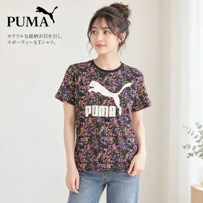 PUMA プーマ 総柄 ビッグロゴ Tシャツ 半袖 M(US S) ブラック