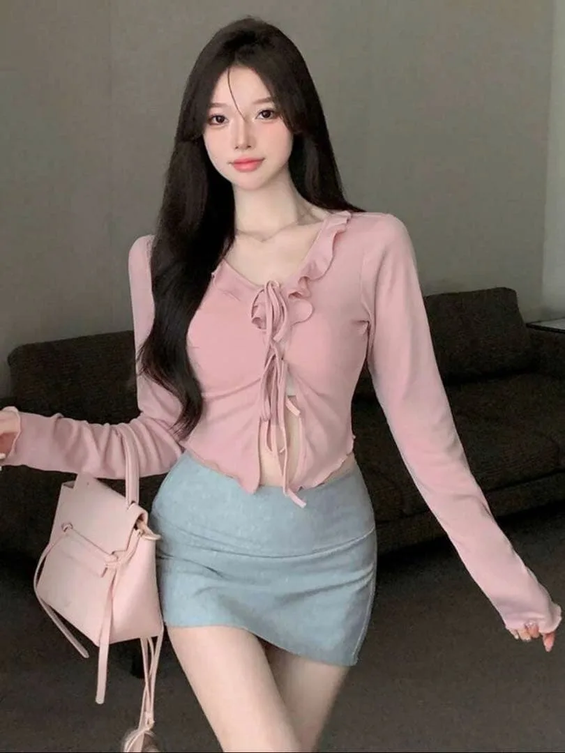 SHEIN フリル フロントリボン 長袖 カーディガン ピンク