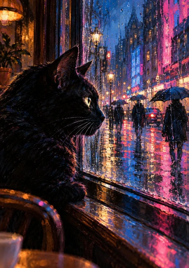 A4 黒猫 雨 夜景 ネオン アートポスター C1337